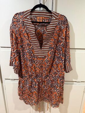 Tory Burch Tunic Top Orange Paisley Print Boho Blouse M/L